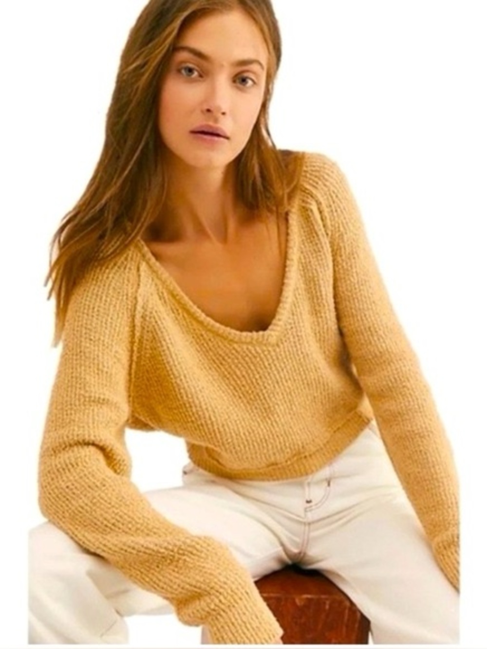 Free People Womens High Low Hem V-Neck Cropped Sweater Yellow Sz Large